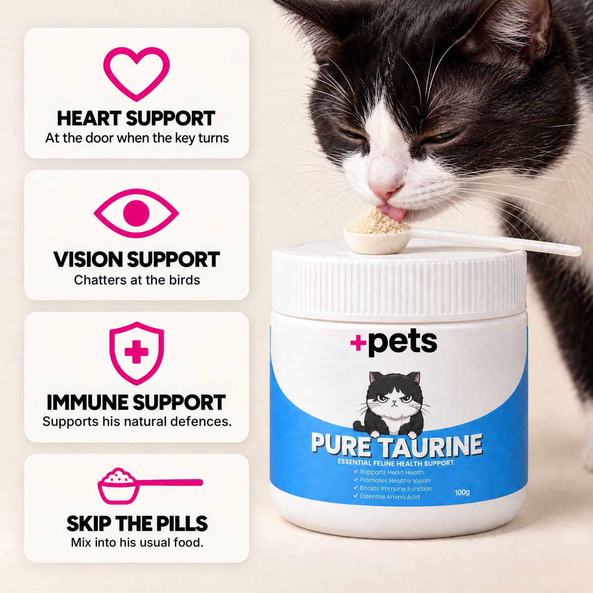 +Pets Pure Taurine jar, 100 g, with a scoop of taurine powder and a cat