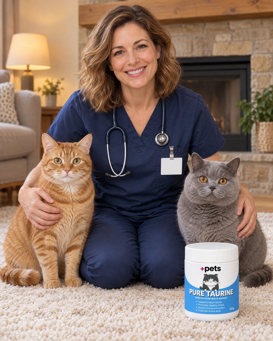 A woman in vet scrubs holding two cats, with a jar of +Pets on the table beside her
