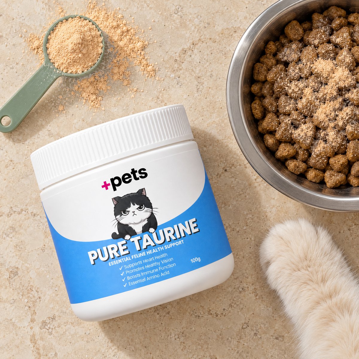 Flat lay of a +Pets jar, a scoop of beige powder, a bowl of kibble dusted with it and a cat's paw reaching in