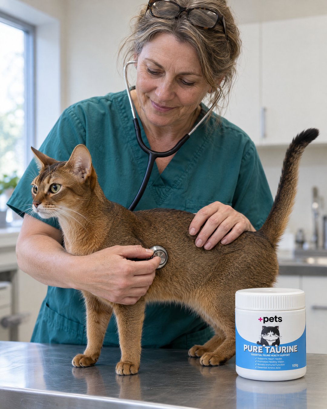 A woman in teal scrubs listens to an Abyssinian cat with a stethoscope, a jar of +Pets Pure Taurine on the table