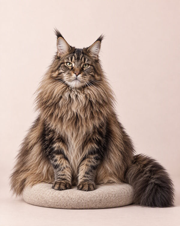 A big long-haired cat of the Maine Coon type, with tufted ears and a thick ruff, spilling over the edges of the same cushion
