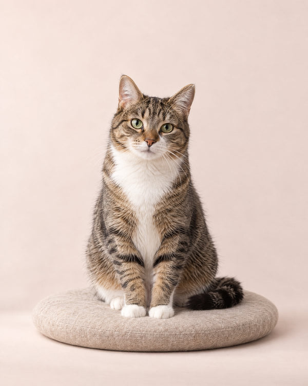 An average-size tabby with a white chest, sitting on the same round cushion and filling most of it