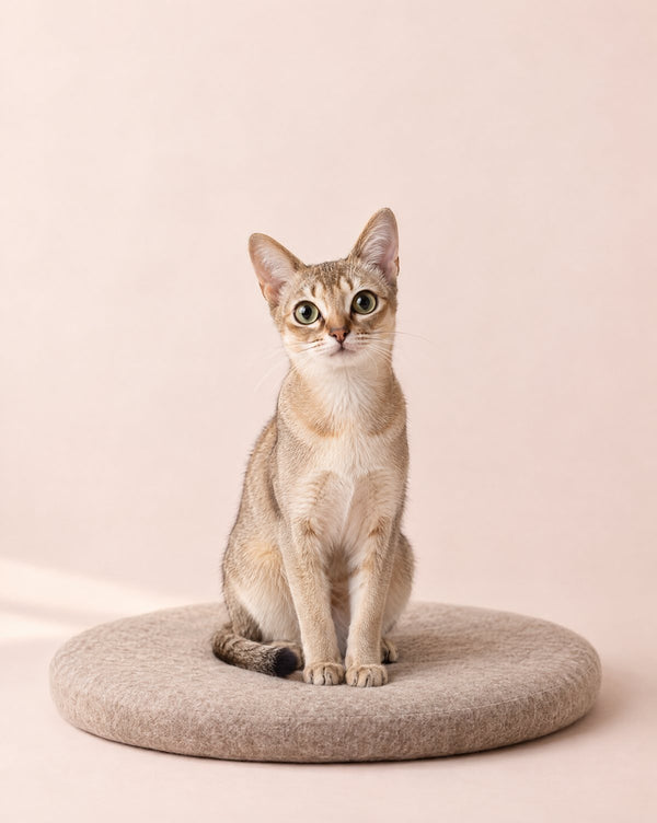A small, slender adult cat with big ears, sitting upright on a round cushion with room to spare