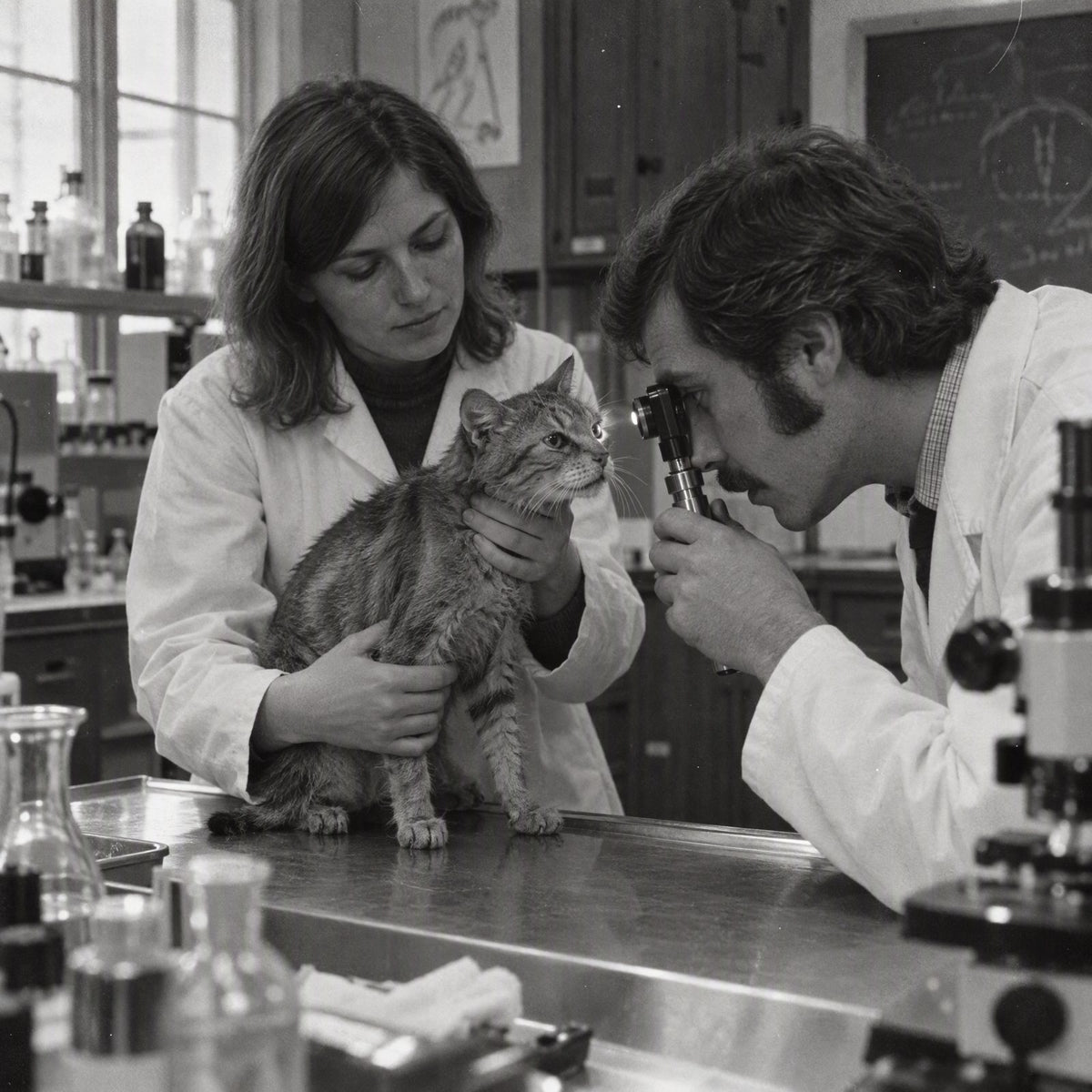 Black-and-white 1970s-style lab: a researcher holds a thin tabby cat on a steel table while a colleague examines its eye
